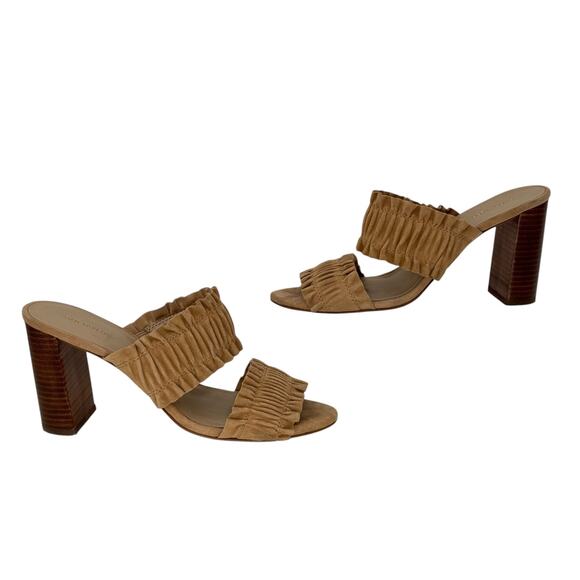 Ann Taylor Ruffle Heels Mule Sandal SZ 8.5 Womens Tan Boho Chic Casual Vacation - Picture 4 of 12